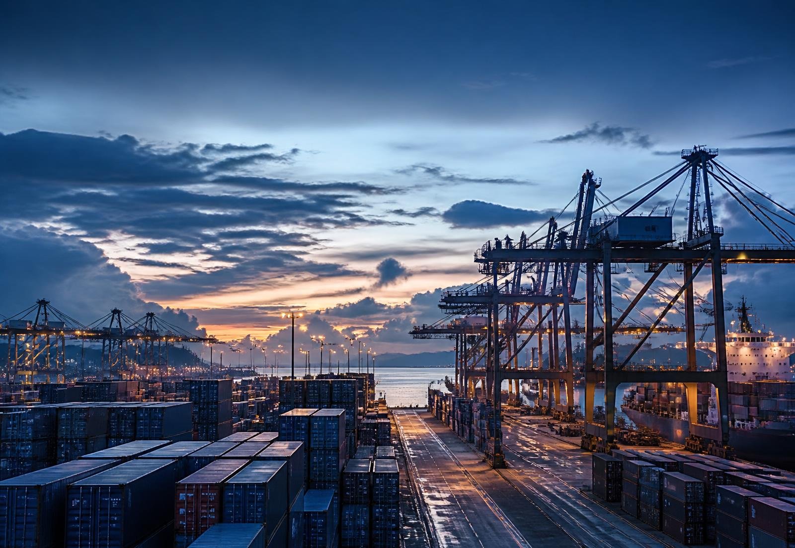 Container port at dusk